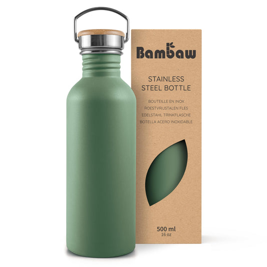 Bambaw Reusable Water Bottle 16 oz, Green Water Bottle Metal, Non-insulated Single Wall Stainless Steel Bottle, BPA Free Water Bottle Small, Metal Water Bottle for School – Sage Green
