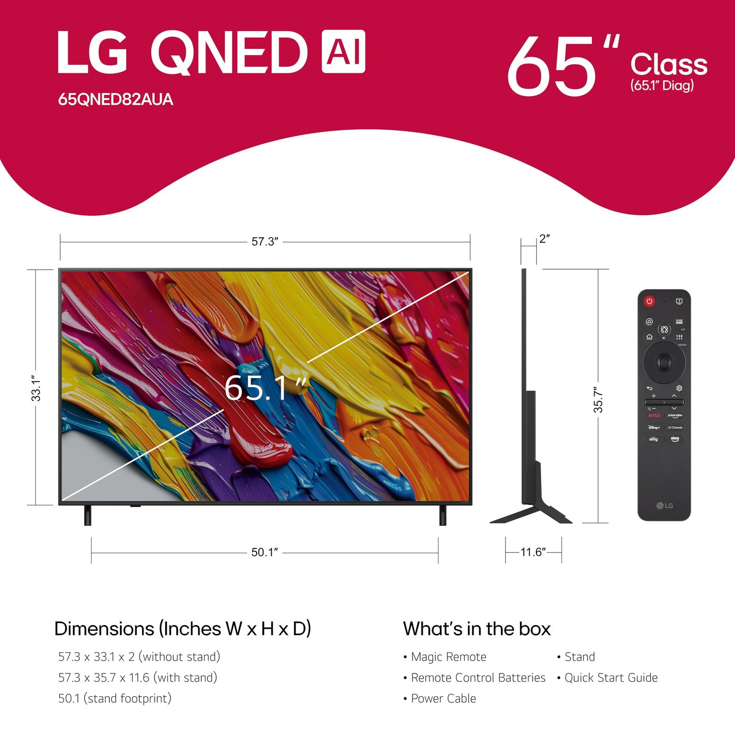 LG 65-Inch Class QNED AI 4K QNED82A Series Smart TV w/AI Sound, HDR10, 4K Super Upscaling, Filmmaker Mode, Wow Orchestra, Alexa Built-in (65QNED82AUA, 2025)