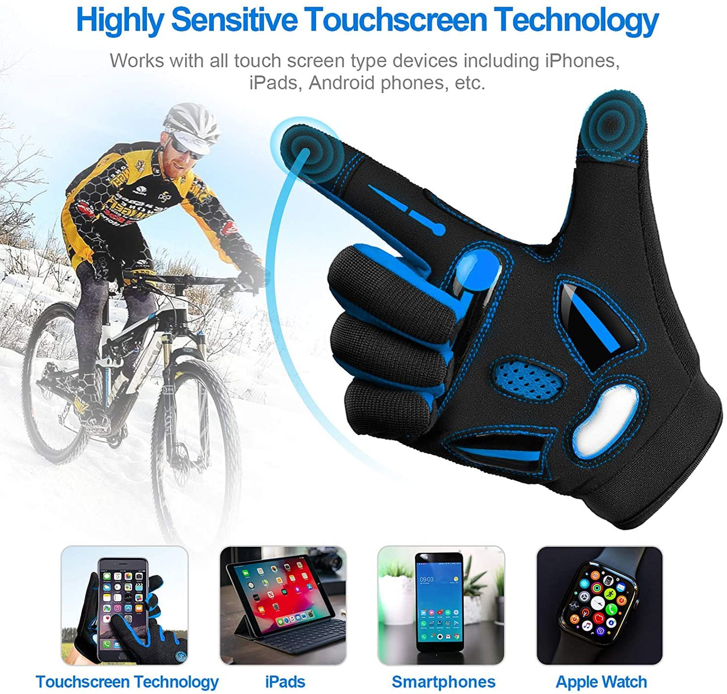 BIKINGMOREOK Cycling Gloves Bike Gloves Biking Gloves for Men Women,Touchscreen Full Finger Shock-Absorbing Mountain Bike Gloves,5MM Gel Pads MTB Road Bicycle Gloves for Running,Hiking-Blue-S