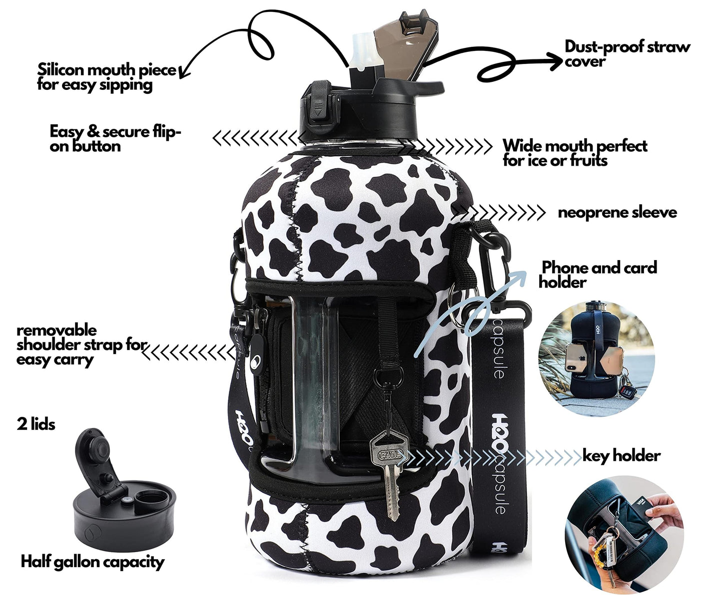 H2O Capsule 2.2L Half Gallon Water Bottle with Storage Sleeve and Covered Straw Lid – BPA Free Large Reusable Drink Container with Handle - Big Sports Jug, 2.2 Liter (74 Ounce) Cowbell