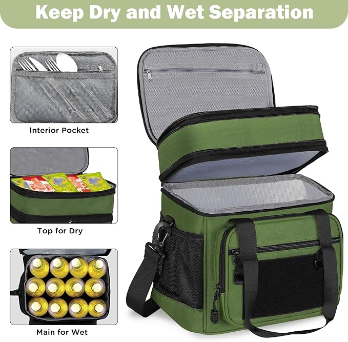 Double Deck Insulated Lunch Box, Expandable Large Lunch Bag Leakproof Cooler Bag Lunch Pail for Men Women Adults Work Shifts Travel Daytrip,16L,Army Green