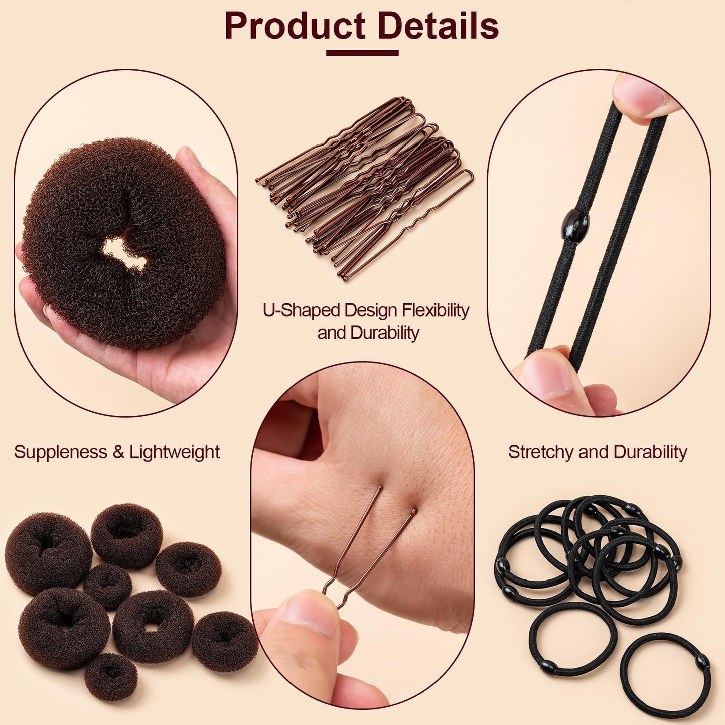 Amrules Donut Hair Bun Maker Set, 8 Pieces with 10 Black Rubber Bands and 20 Bun Bobby Pins for Ladies, Brown