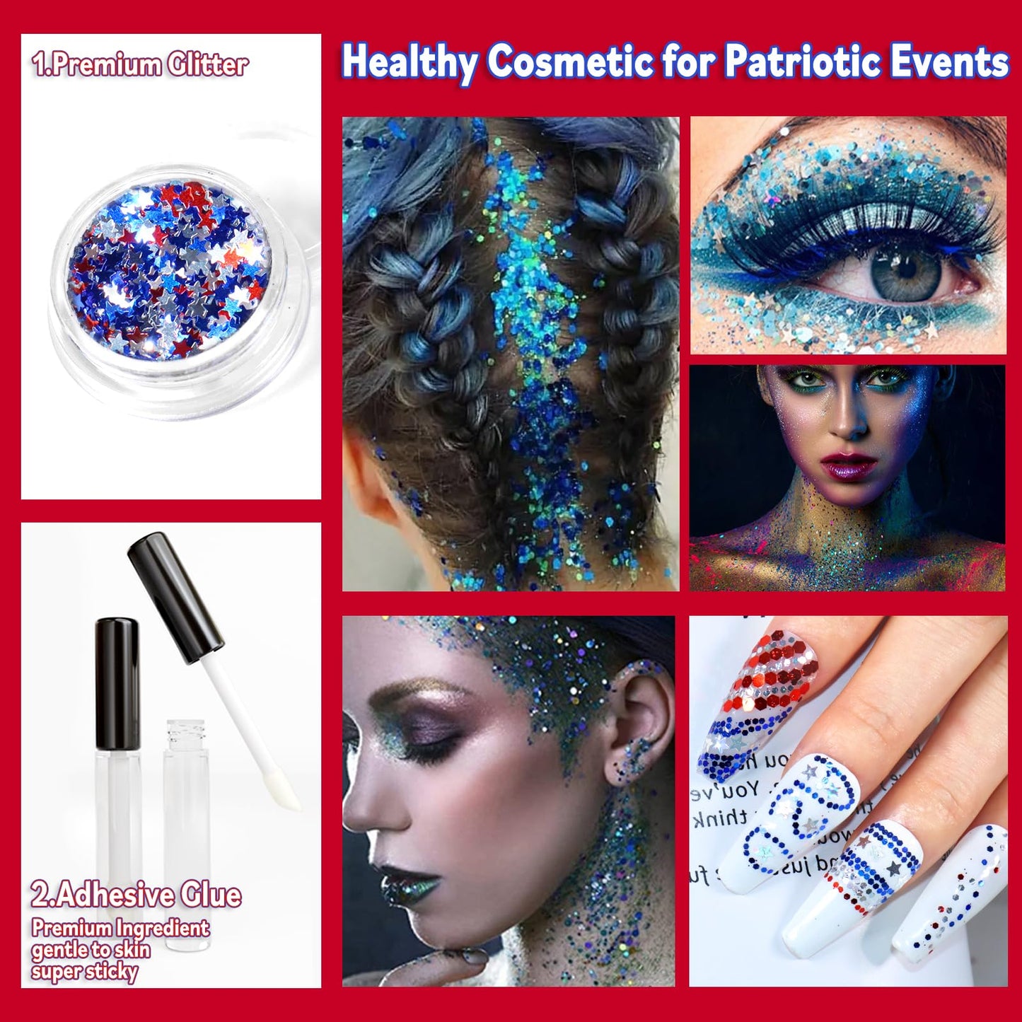 Allstarry Chunky Body Glitter 4 Colors Cosmetic Patriotic Face Glitter Independence Day Hair Sequins Sparkle Veterans Day Eye Flakes 4th of July Accessories for Olympics Party Women Face Paint Makeup