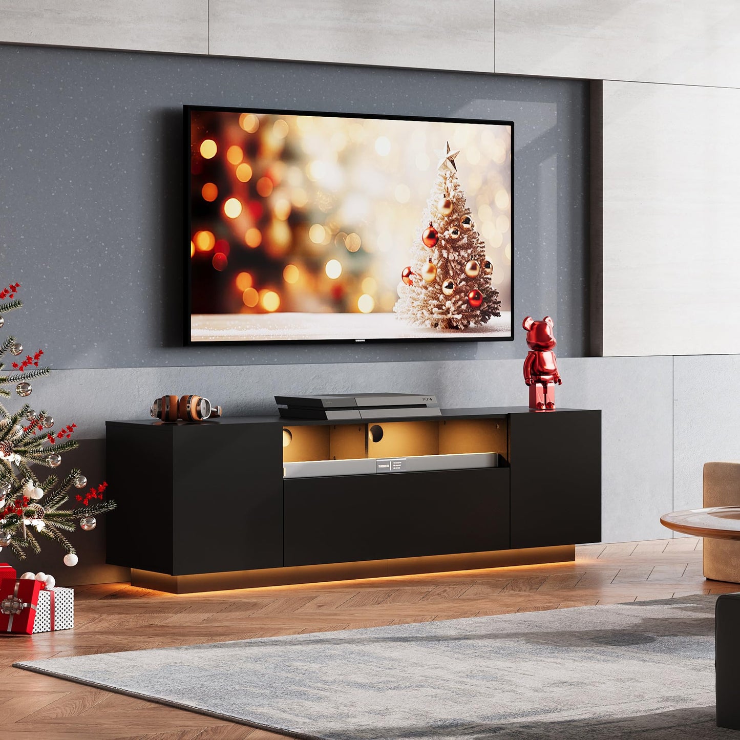 WLIVE TV Stand with LED Lights & Large Storage Cabinet, Modern Entertainment Center for 65 Inchs TV, Sturdy Media Console for Living Room, Bedroom,Gaming(Black)