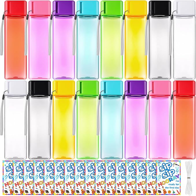Olgaa 16 Sets Back to School Supplies Gifts for Students from Teacher Water Bottles Bulk Set for Kids 16oz with Card Reusable Portable Plastic Sports Drink Water Bottles Bulk for School Classroom