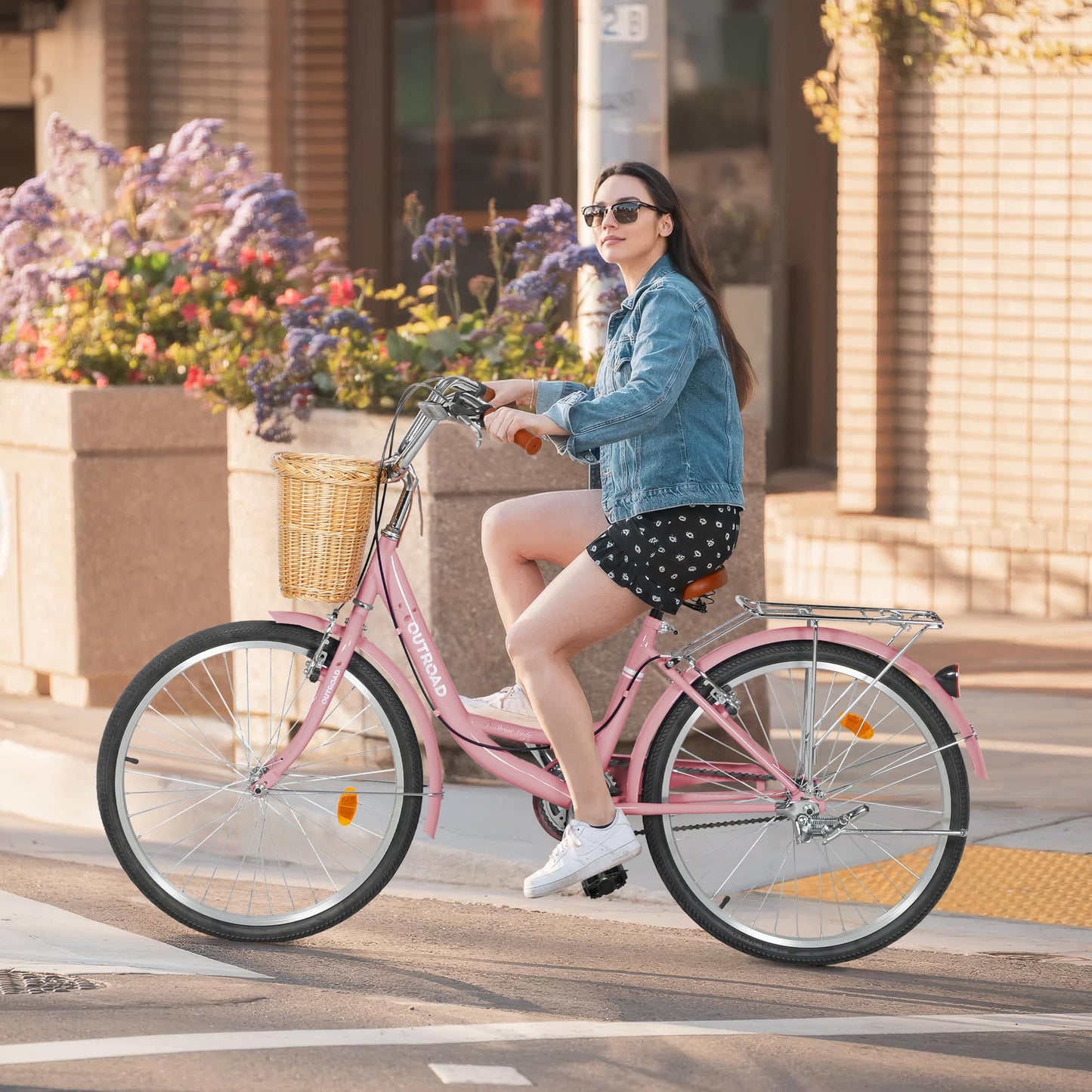 Outroad Beach Cruiser Bike, 24 inch Commuter Bicycle for Adult Men and Women,High-Carbon Steel Comfortable City Bikes with Rear Rack or Basket,Pink