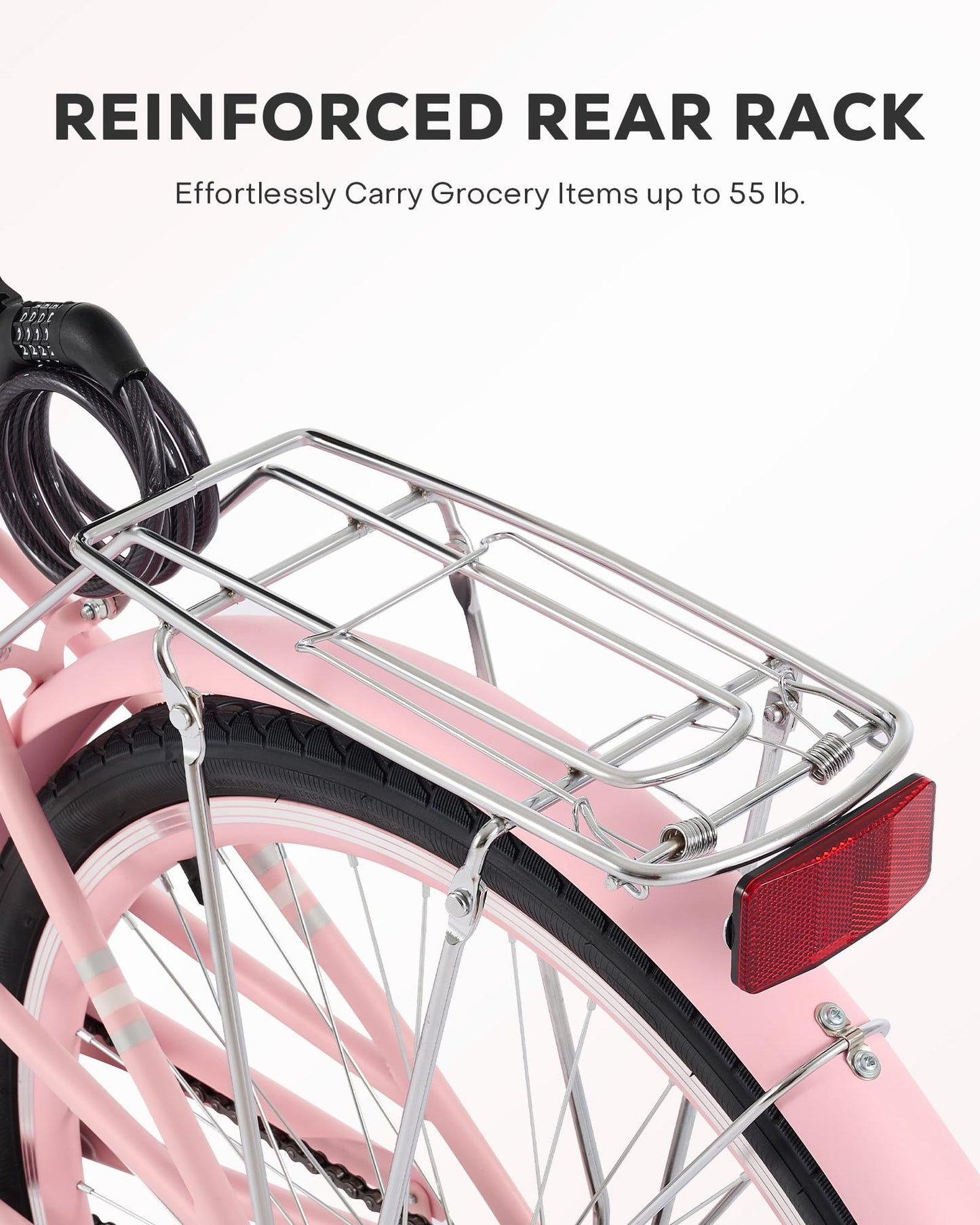 Viribus Beach Cruiser Bike for Women, Step Through Bike with Ratten Basket, Rack & Lock, 24 inch 1 Speed, City Commuter Cruiser Bike, Adult Bicycle for Short Ladies Female Seniors 330 lb. Pink