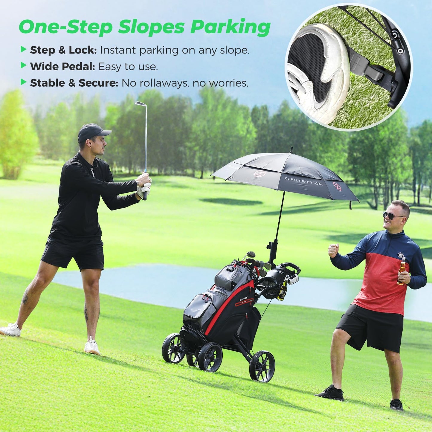 Tedycatt 4 Wheels Golf Pull Cart, Upright Light Quad Golf Roller Cart with Foot Brake, Quick Fold with Cup, Phone & Umbrella Holder, Cooler Bag, Gray
