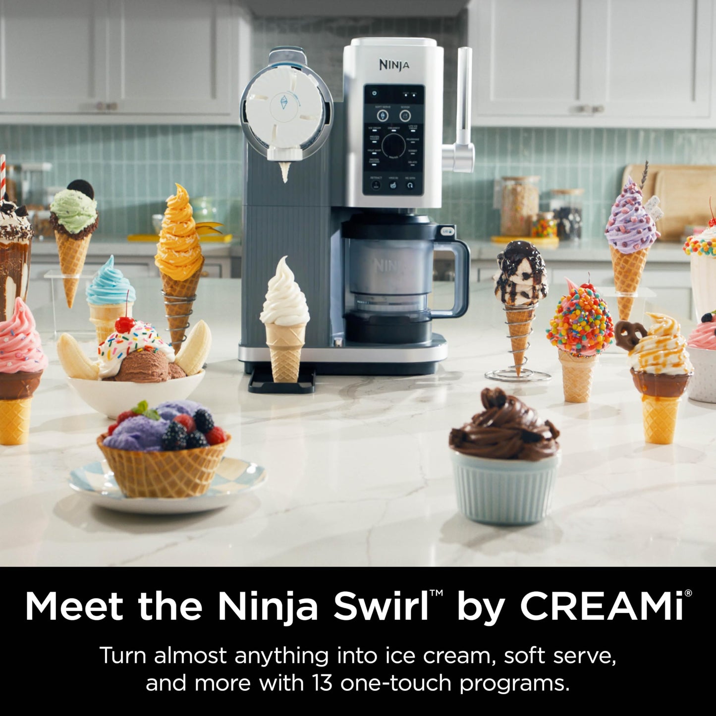 Ninja Swirl by CREAMi Ice Cream and Soft Serve Maker, Sorbet, Milkshake, Frozen Yogurt, Low Calories Program 13-in-1, Soft Serve Handle, (2) CREAMi Swirl 16oz Pints, For Kids & ALL NC701 (Renewed)