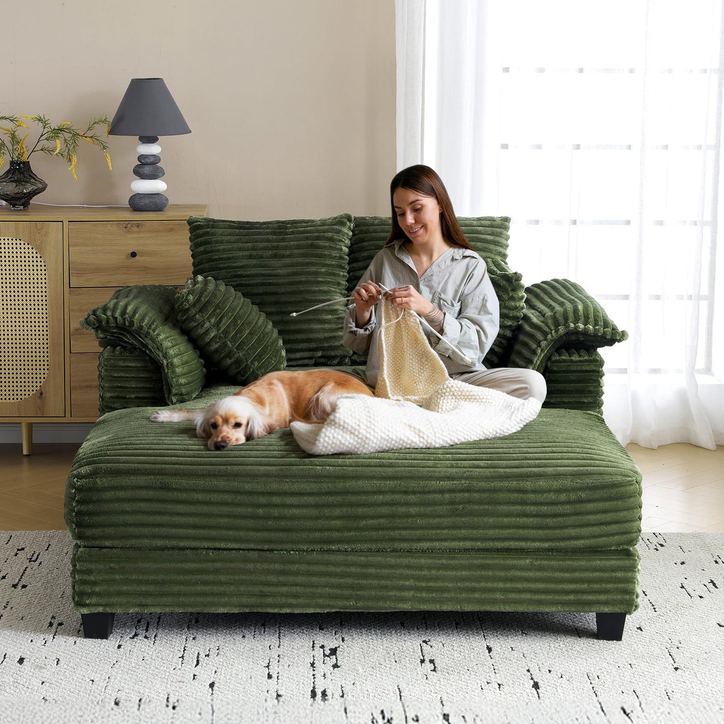 VINGLI Lounge Chair, 56" Oversized Reading Chair Corduroy Chaise Sofa Recliner Bed Upholstered Comfy Sleeper Couch with Throw Pillows and Armrests for Living Room, Movie Room, Bedroom