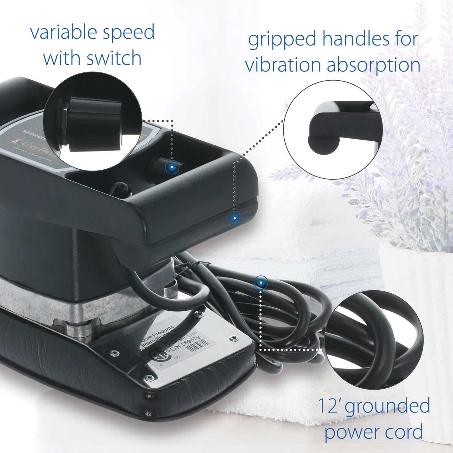 Core Products Jeanie Rub Massager Deluxe Package - Variable Speed Electric Massager for Deep Tissue Pain Relief, Full Body Massage, Back & Shoulder Massager w Fleece Pad Cover & Trigger Point