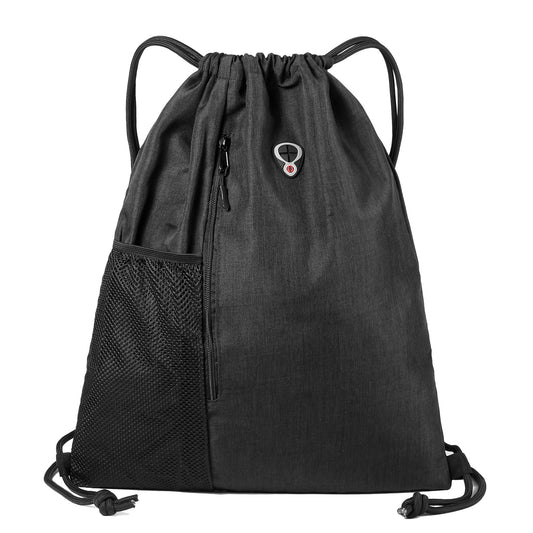 BeeGreen Mix Black Drawstring-Backpack-Gym-Bag, Large Sports Bag For Women W Water Bottle Pocket &Front Zippered Pocket, String Sackpack For Traveling Yoga Beach Outdoor
