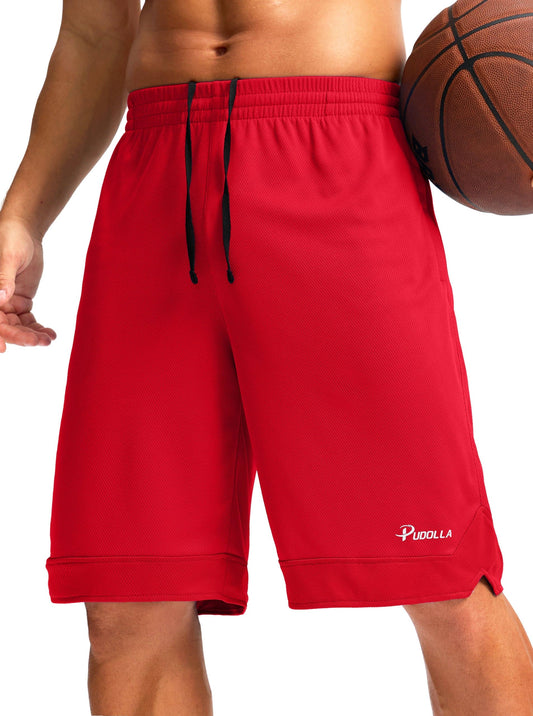 Pudolla Men's Basketball Shorts with Zipper Pockets 11" Long Gym Athletic Shorts for Men Lightweight Quick Dry(red large)