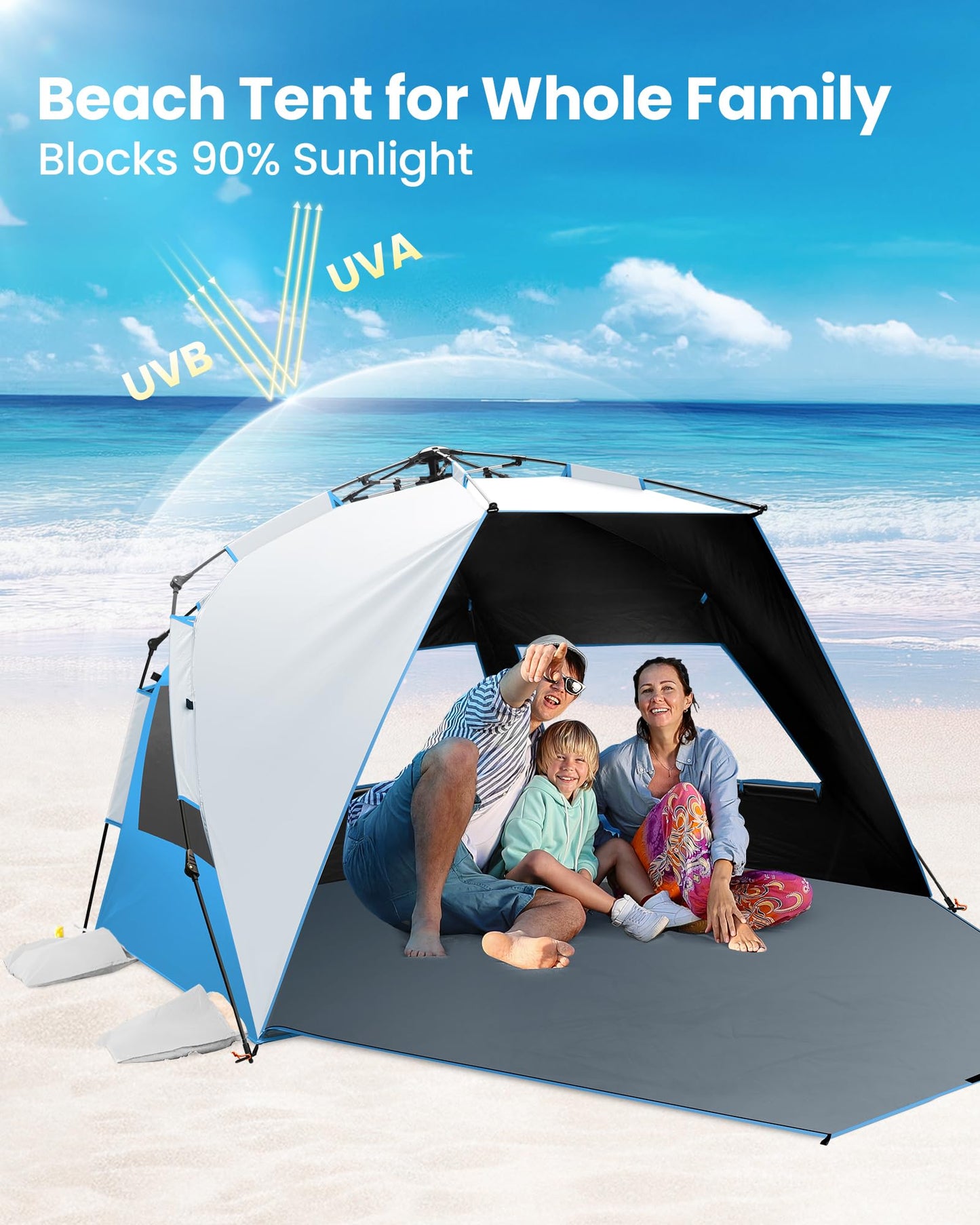 OutdoorMaster Beach Tent with Blackout Shelter Technology, Portable Sun Shade Shelter 4 Person, Pop Up Beach Tents with UPF 50+ UV Protection, 9.5mm Thick Pole, 3 Ventilating Mesh Windows