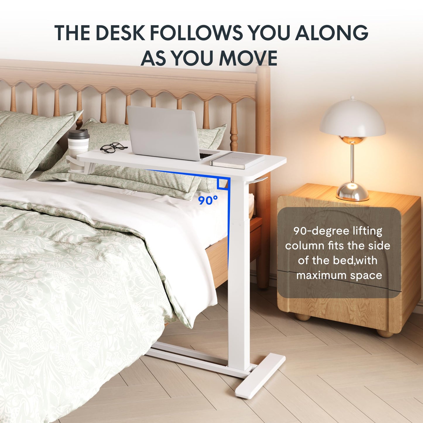 FLEXISPOT H7 Adjustable Overbed Bedside Table with Wheels Pneumatic Mobile Standing Laptop Desk Rolling Computer Cart Movable Overbed Table Hospital Home Use (31.5" W x 17.7" D, White Large)