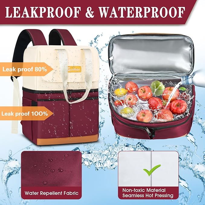 Backpack Cooler with Double Decker & 12 Ice Packs- Keeps 36 Cans Cold for Up to 24 Hours- Waterproof & Leak Proof Insulated Cooler Backpack- Stylish Cooler Bookbag for Women Travel Work Beach