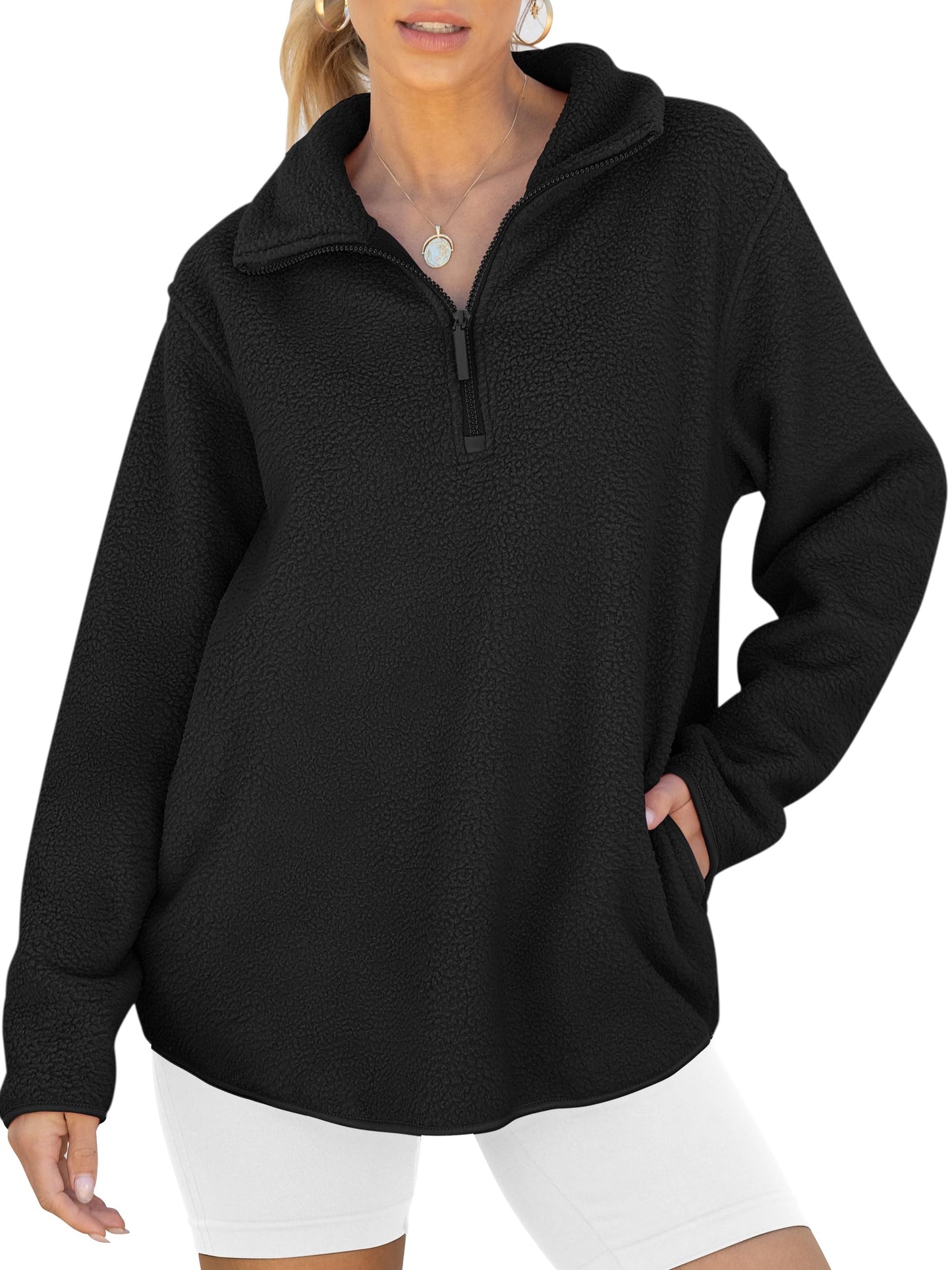 ANRABESS Women Oversized Sherpa Fleece Half Zipper Sweatshirts Fuzzy Collared Quarter Zip Pullover 2024 Fall Winter Clothes Black Small