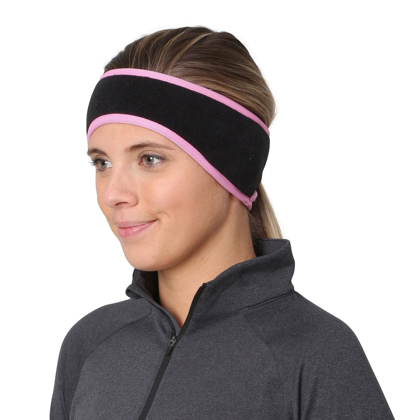 TrailHeads Women’s Ponytail Headband | Fleece Earband | Winter Running Headband - Black/Fast Pink