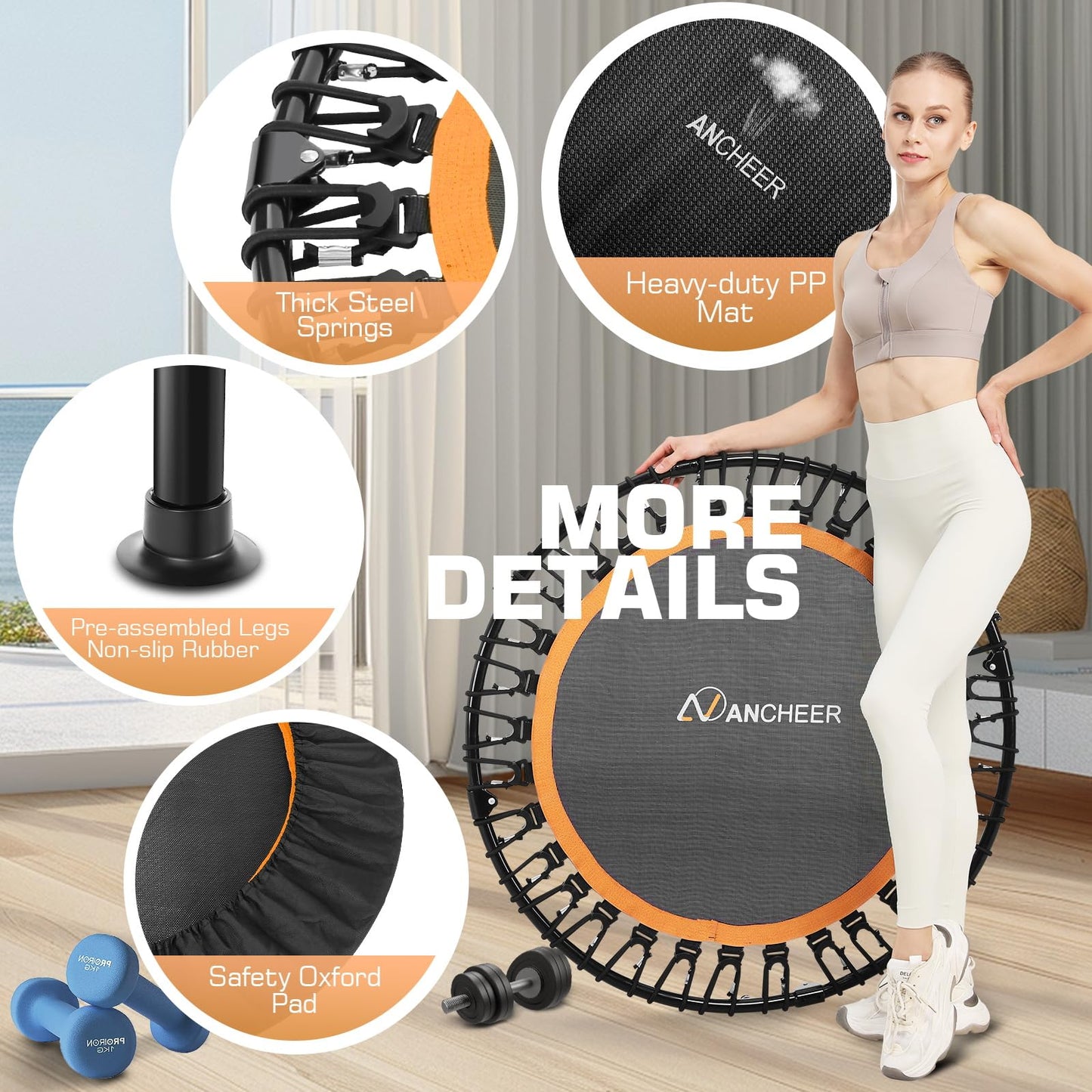 ANCHEER 40" Foldable Mini Trampoline - Max Load 350lbs - 450lbs Indoor Trampoline - with 4 Level Adjustable Foam Handle and Resistance Bands - Adult Exercise Trampoline for Home,Gym and Garden(O)