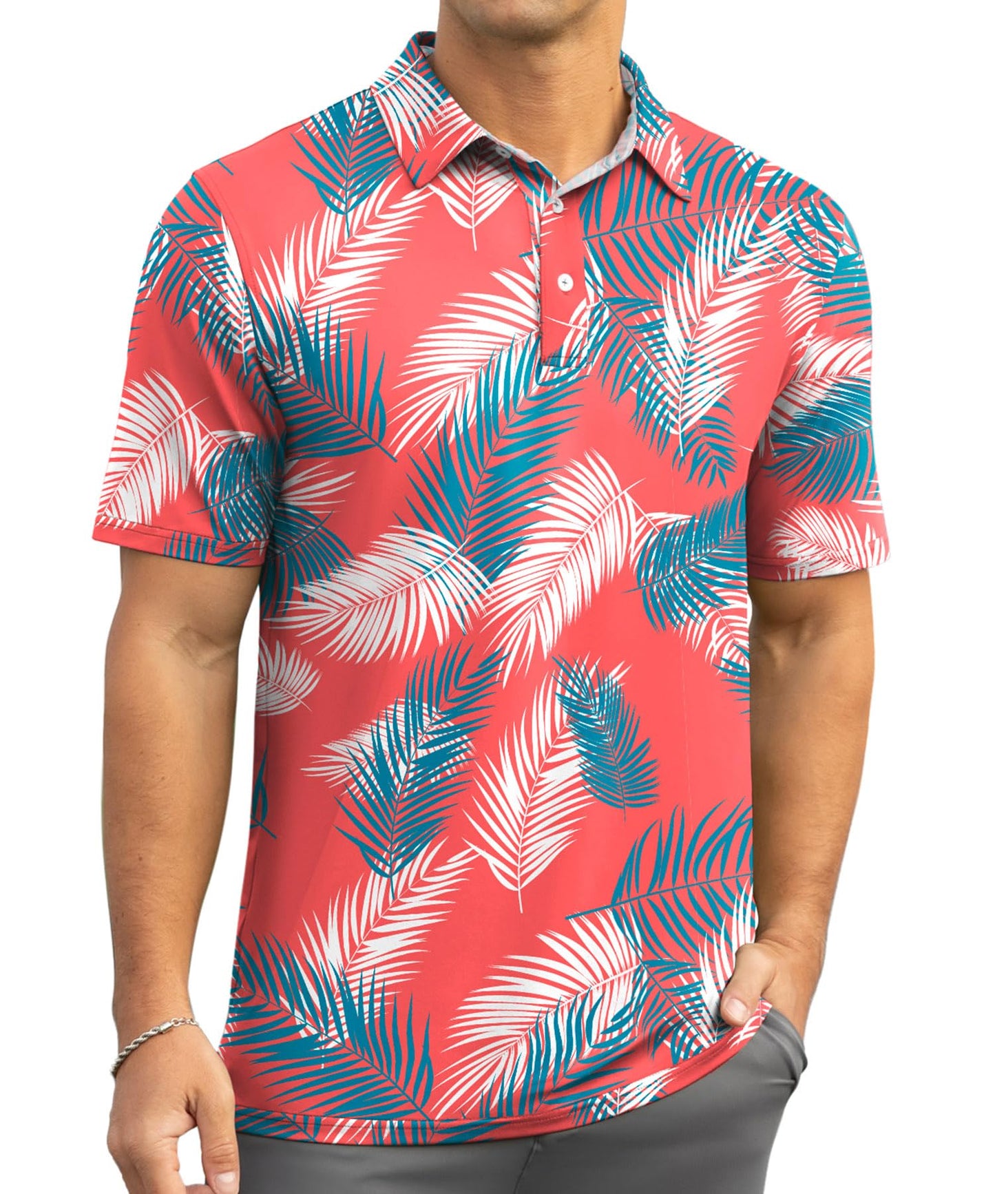Askdeer Men's Golf Polo Shirts Short Sleeve Performance Dry Fit Polo Shirt Moisture Wicking Casual Golf Shirts Red Palm Leaf