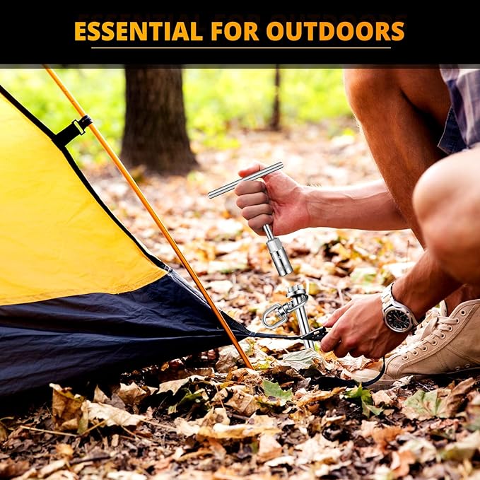 Hiboom Ground Anchor Screw Heavy Duty Earth Anchors Tent Stakes for High Wind with T Handle Hex Wrench Trampoline Hook Ground Stakes for Camping Canopies Car Ports Sheds (10 Pcs,Silver,12 Inch)