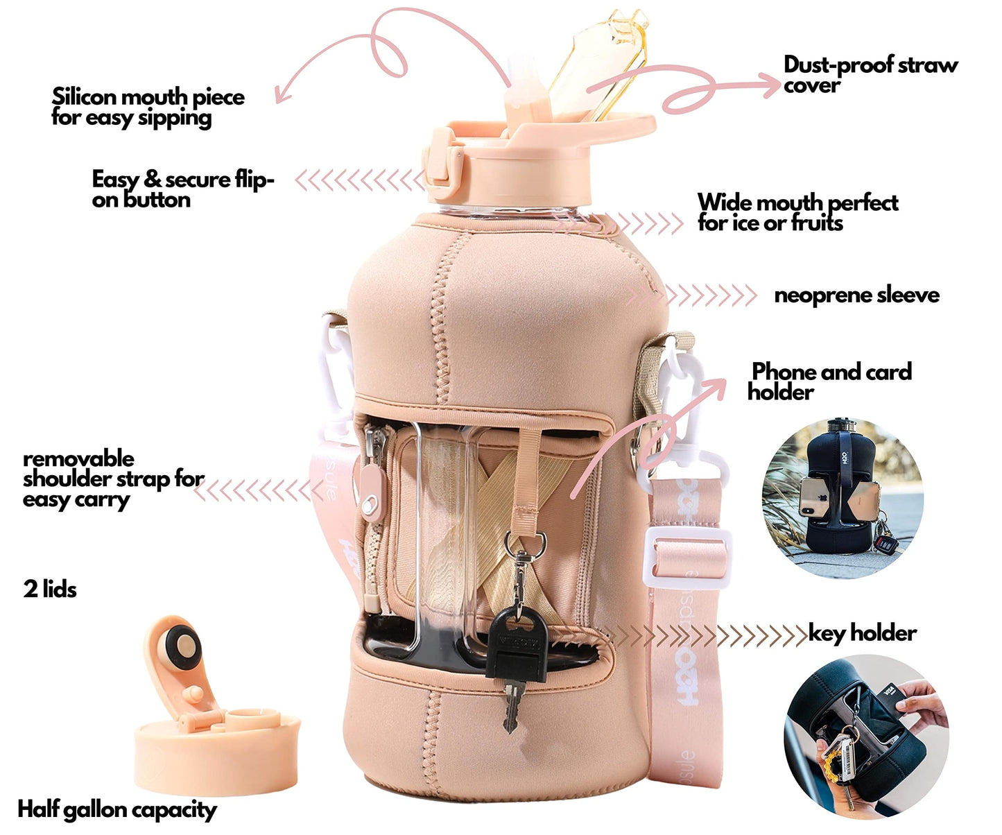 H2O Capsule 2.2L Half Gallon Water Bottle with Storage Sleeve and Covered Straw Lid – BPA Free Large Reusable Drink Container with Handle - Big Sports Jug, 2.2 Liter (74 Ounce), Sandy Beige