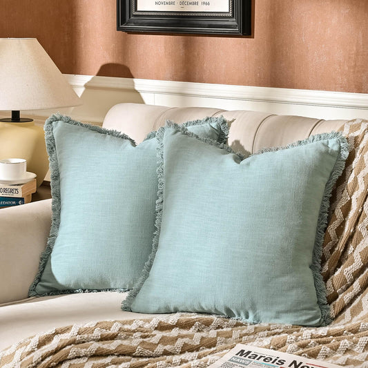 AmHoo Pack of 2 Linen Pillow Covers with Tassels Fringed Decorative Rustic Natural Throw Pillowcase Cushion for Couch Sofa Bedroom 18 x 18-Inch Cloud Blue