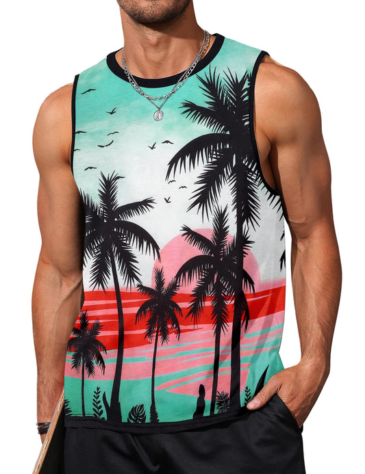 Gosuif Tank Tops Men Sleeveless Shirts for Men Men's Tank Tops Summer Beach Palm Tree Tank Tops Muscle Workout Gym Sleeveless Tank Shirts Green Hawaiian Men's Tank Shirts