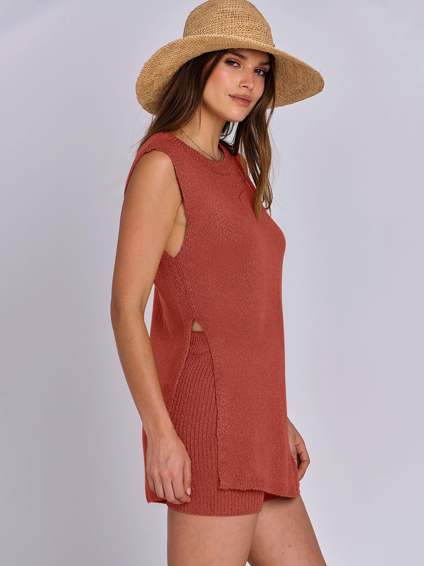 ANRABESS Women Summer 2 Piece Outfits Sleeveless Knit Sweater Top & Shorts Soft Lounge Sets Travel Beach 2024 Clothes Rust Large