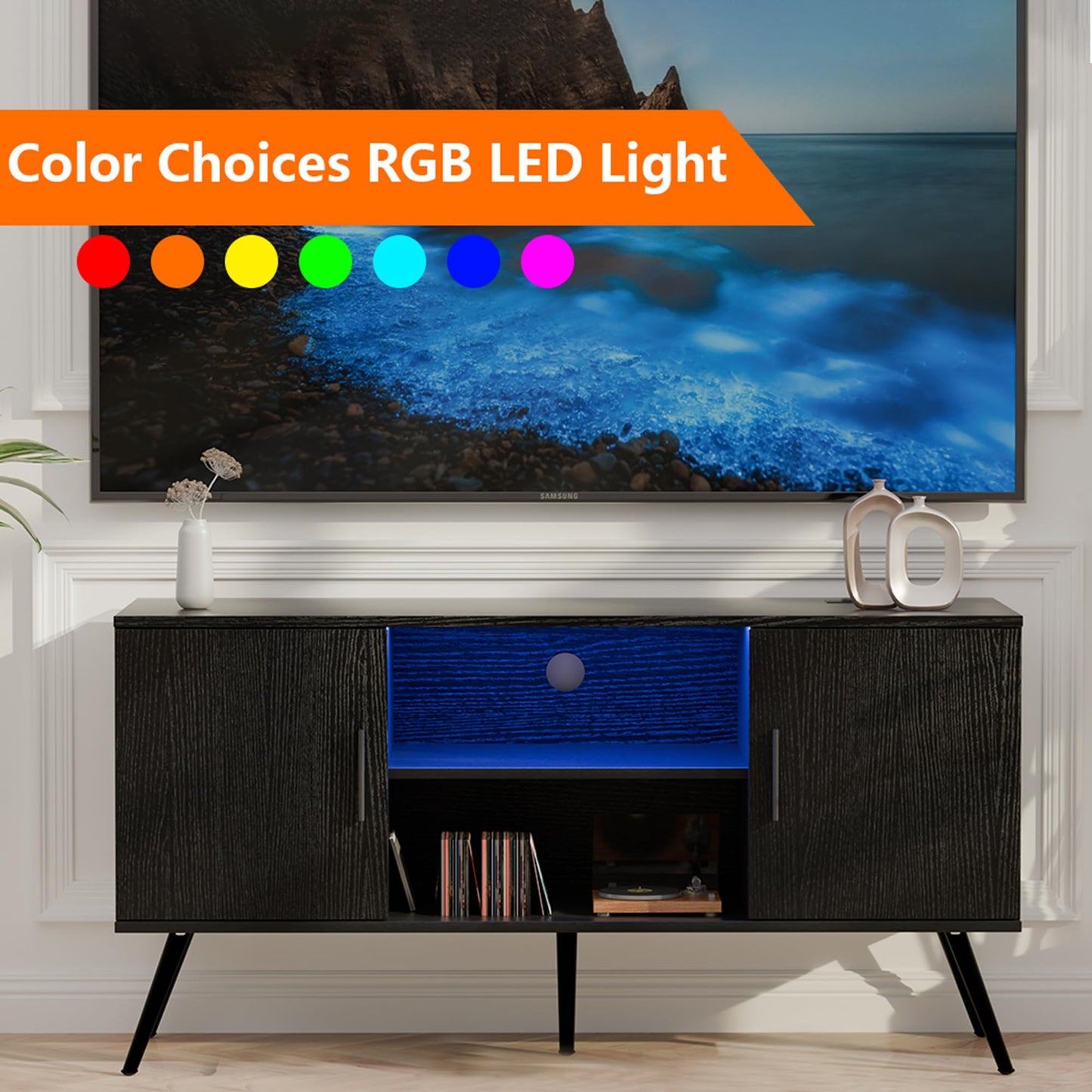 Algglobuy TV Stand for 65 Inch TV, Entertainment Center with RGB LED Light, Small Television Stands with Storage & Adjustable Shelves, Modern Media TV Console with for Bedroom, Living Room (Black)