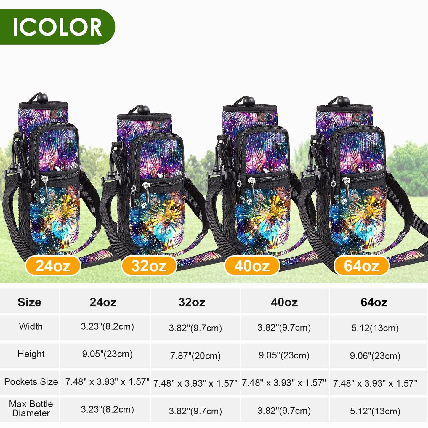 icolor Water Bottle Carrier Bag Holder 25/32/40/64oz,Adjustable Padded Shoulder & Handle Strap Sports Sling Hiking Pack,Insulated Neoprene Wide Mouth Bottle Sleeve
