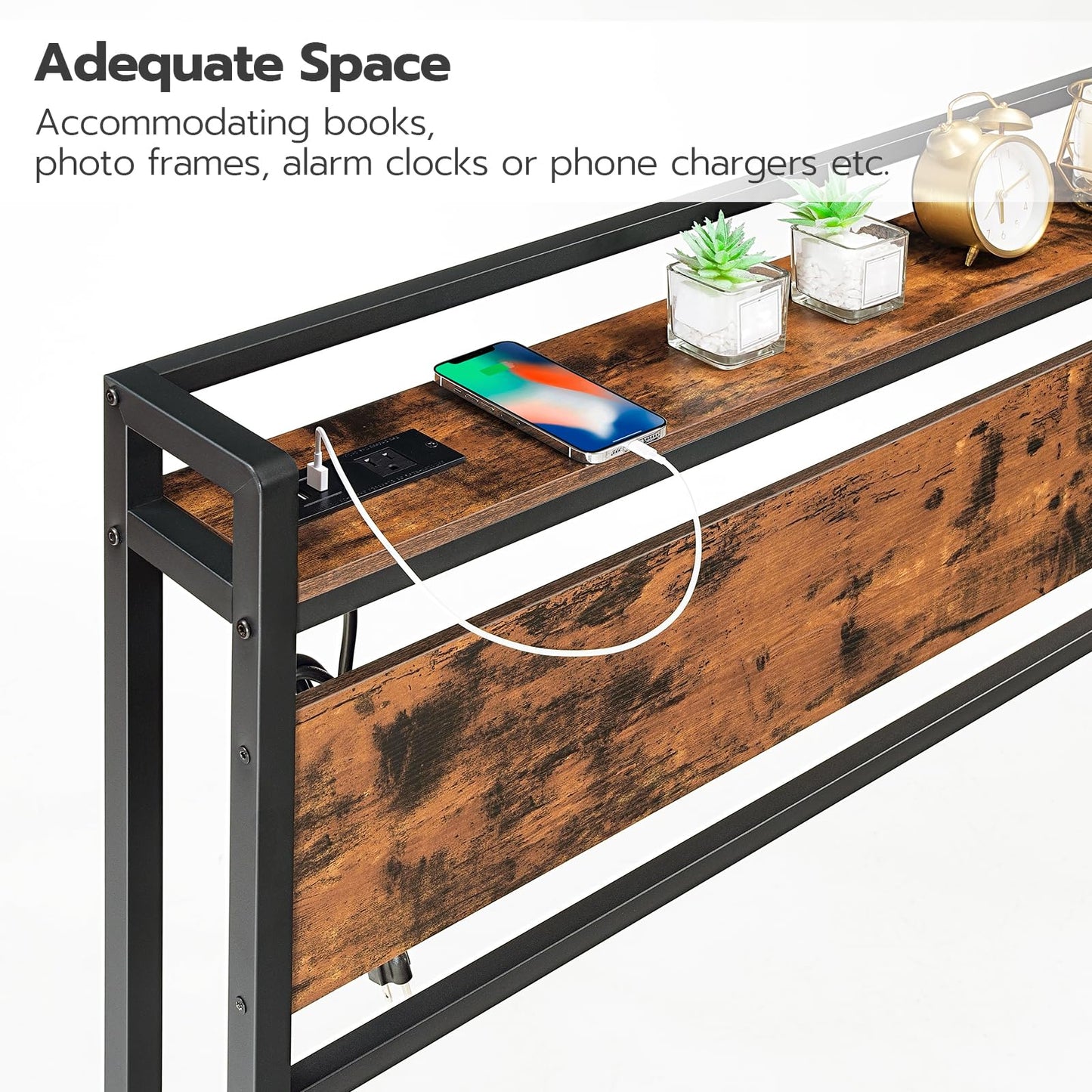 HOOBRO King Size Headboard, Headboard with 2 Outlets and 4 USB Ports, Adjustable Height, Storage Rack, Sturdy and Stable, Easy Assembly, Rustic Brown and Black