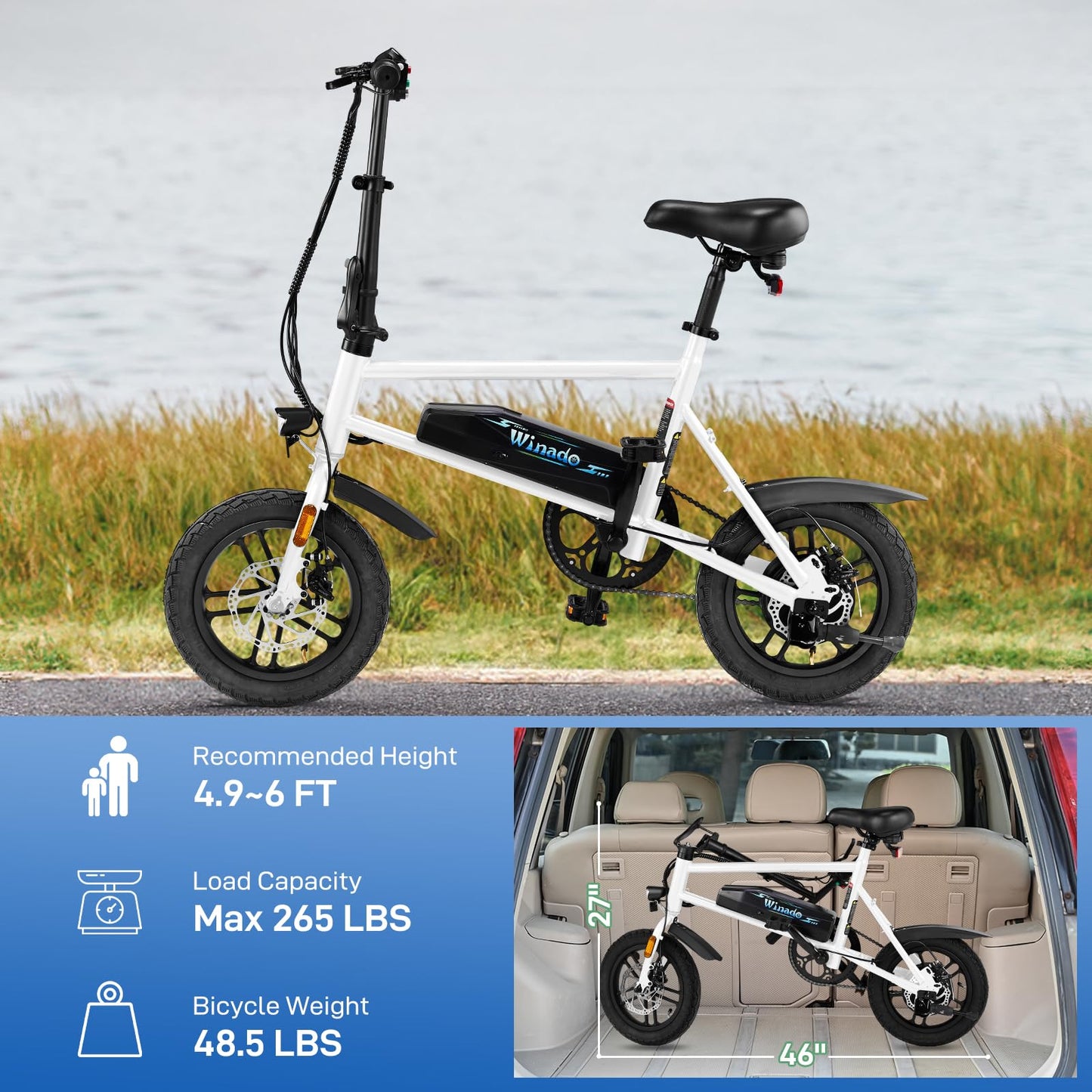 Winado Electric Bike for Adults, 14" Folding Electric Bicycle 450W Motor with Dual Disc Brakes, Max Range 25Miles(Pedal-Assist) & Speed 15.5MPH, Foldable Commuter City Ebike for Adults/Teens, White
