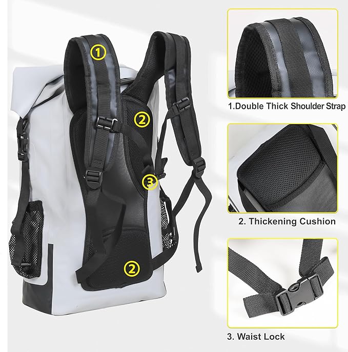 UPWELL Waterproof Dry Bag 30L Boating Backpack for Travel Hiking Camping Bags for Kayaking Hiking Waterproof Bags Swimming Floating Submersible Dry Bag Grey&White