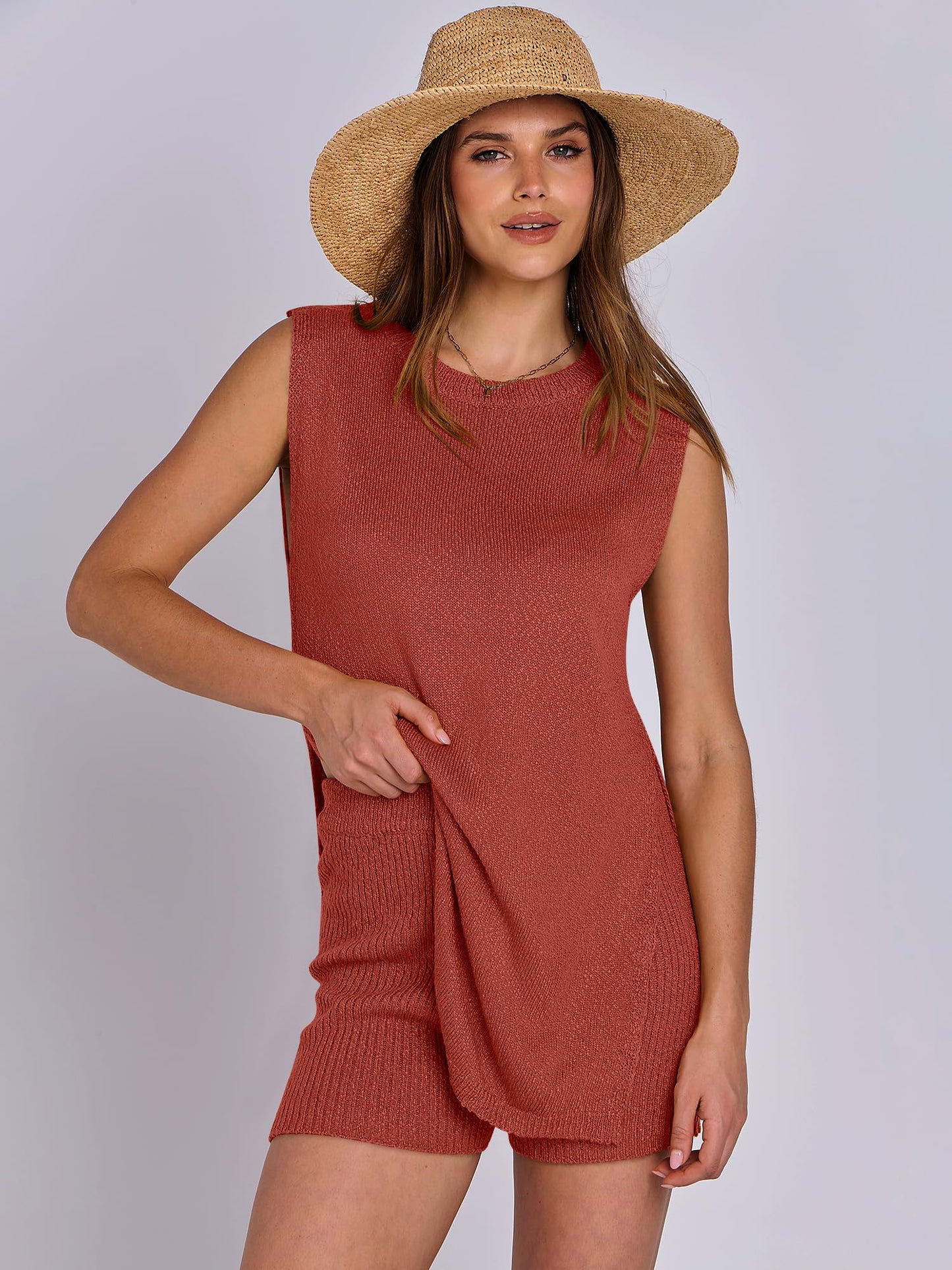 ANRABESS Women Summer 2 Piece Outfits Sleeveless Knit Sweater Top & Shorts Soft Lounge Sets Travel Beach 2024 Clothes Rust Large