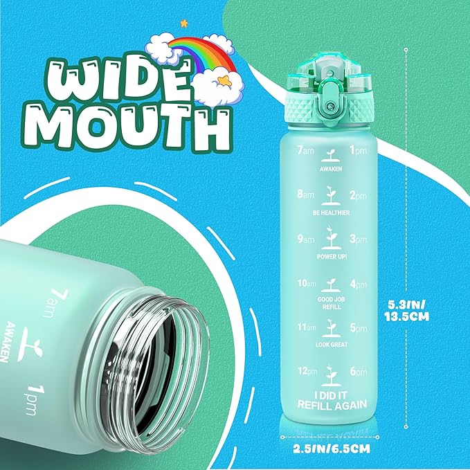Oldley Kids Water Bottle for School, 17 oz (Straw Lid) BPA-Free Reusable Leak-proof Durable Tritan Plastic Water Bottles with One-handed Opening Straw Lids, Anti-dust Spout Cover (Mint Green)