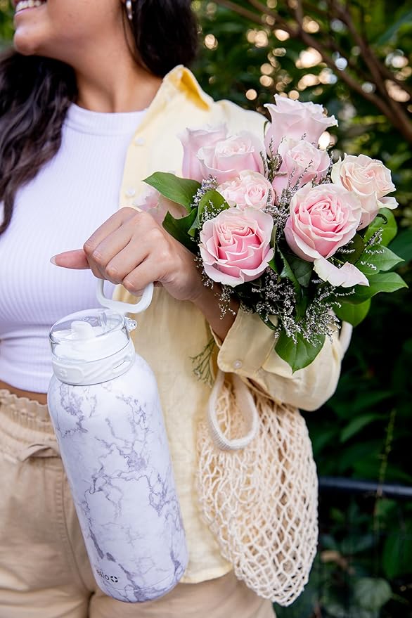 Ello Cooper 22oz Stainless Steel Water Bottle with Straw and Carry Handle, Double Walled and Vacuum Insulated Metal, Leak Proof Locking Lid with Soft Silicone Spout, Reusable, BPA Free, White Marble