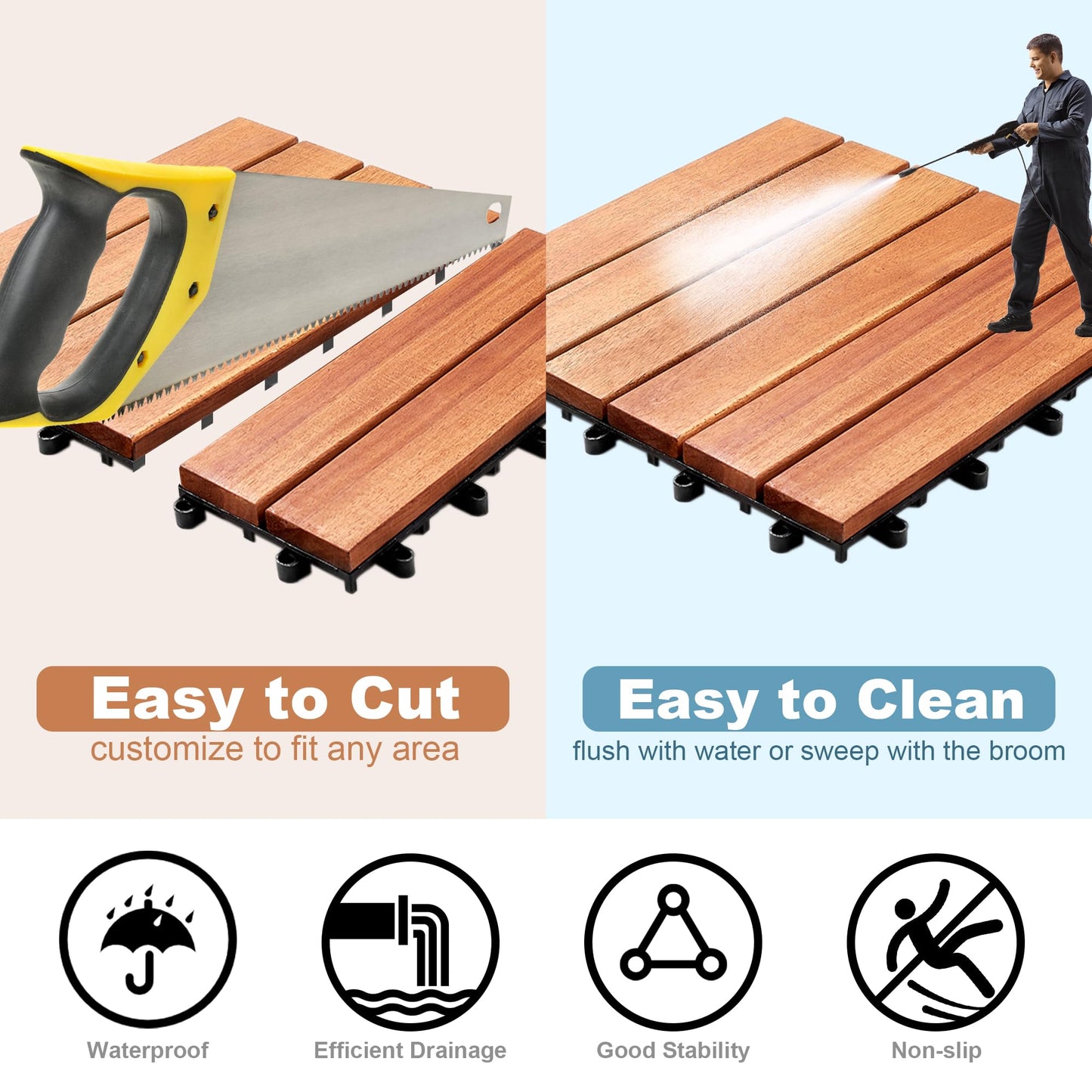 PrimeZone 297 PCS FSC Certified Acacia Wood Interlocking Deck Tiles - 12" x 12" Waterproof Indoor Outdoor Patio Flooring Decking Tiles for Balcony, Backyard & Poolside, All Weather Use, Natural Wood