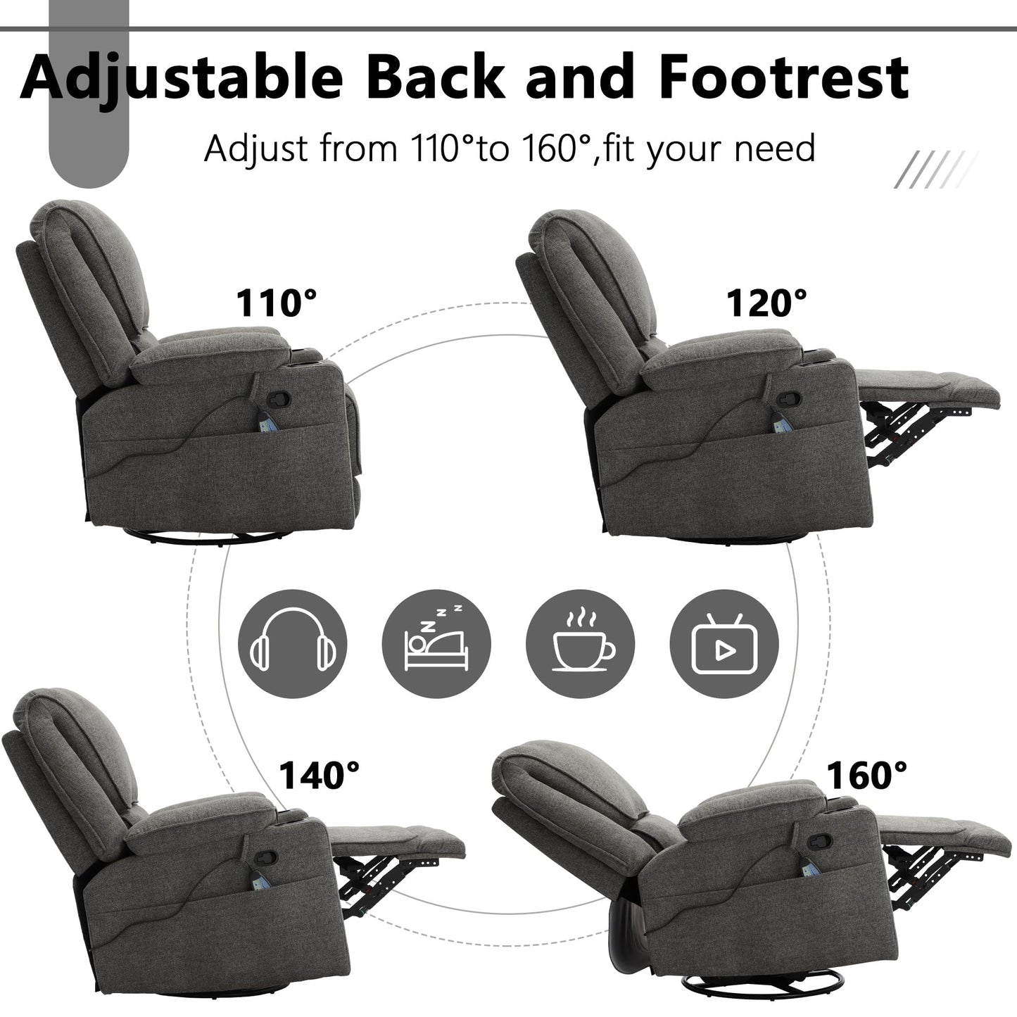 KIGOTY Recliner Chair Swivel Glider with Cup Holder, Recliners with Massage and Heating, Manual Reclining Chair with Footrest and 360 Swivel Rotation Base for Living Room (Dark Grey)