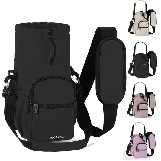 FCQQYWZ Half Gallon Water Bottle Sling Bag Case,64/87oz Insulated Crossbody Water Bottle Pouch Holder Sleeve for Walking with Strap and Pockets for Men/Women Walking Hiking Camping Travel (Balck)
