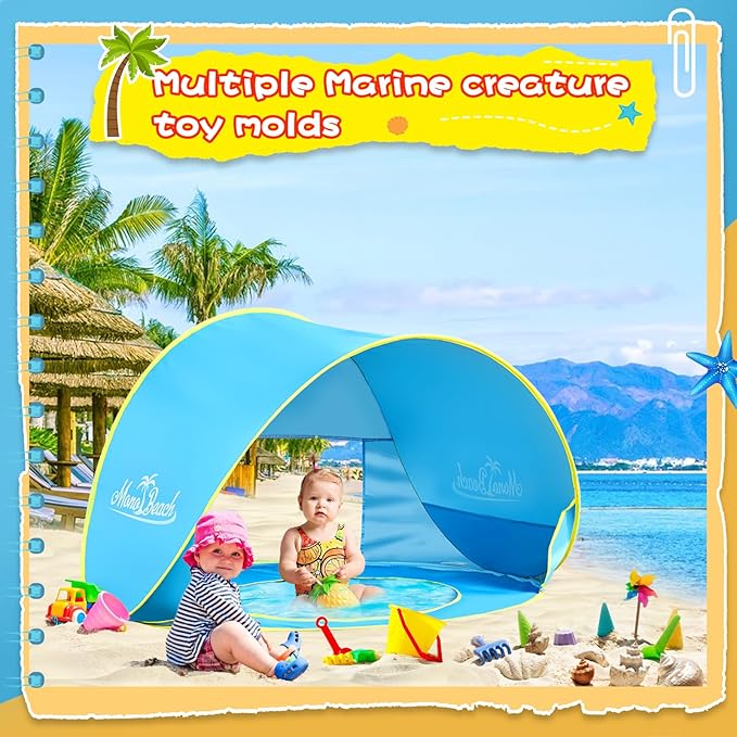 Monobeach Baby Beach Tent with Beach Sand Toys Pop Up Portable Shade Pool UPF50+ UV Protection Sun Shelter for Infant with Easy Set Up Canopy (Blue with Beach Sand Toys)