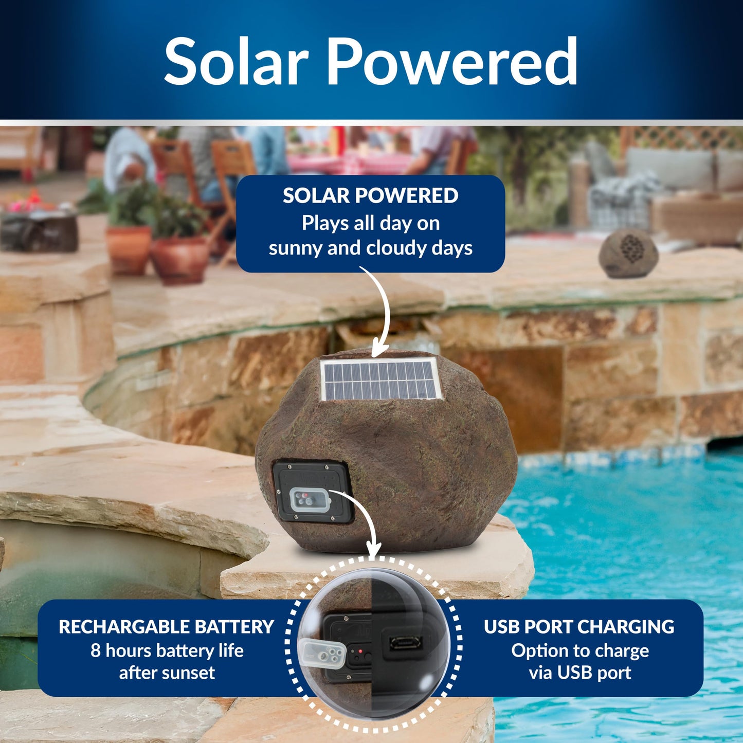 Alpine Corporation Weather-Resistant Bluetooth Solar-Powered Outdoor Wireless Rock Speaker - Set of 2
