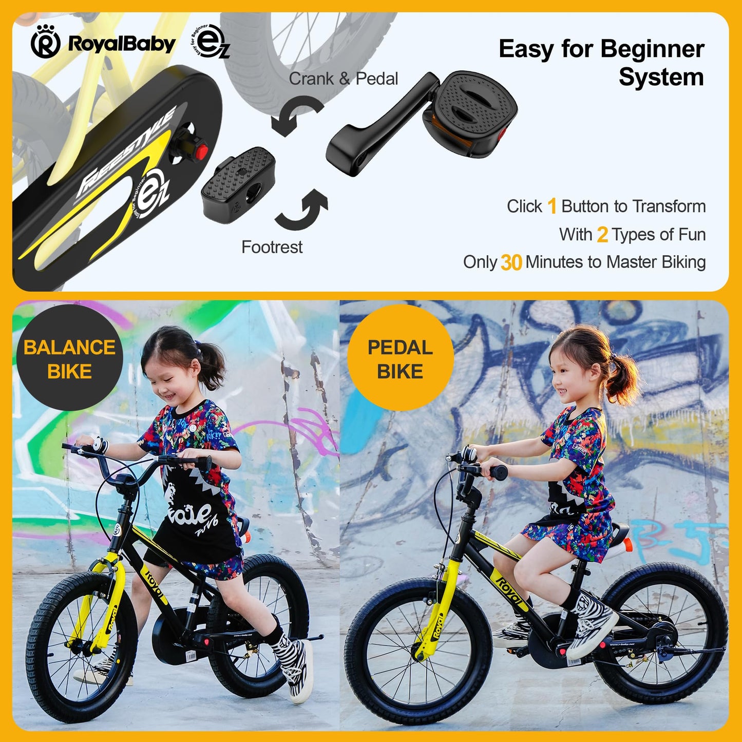 Royalbaby EZ Toddlers Kids Bike, 14 Inch Balance & Pedal Convertable Bicycle, Beginners Learning Bike for Boys Girls Ages 3-5 Years, 14" Wheel White
