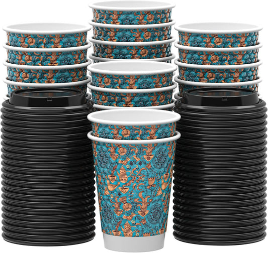 Qunclay Disposable Paper Coffee Cups with Lids, 100 pack 12 oz Embossed Paper Cups, Double Wall Insulated Takeaway To Go Hot Drinking Cups for Home Office Wedding Party Supply, Blueness