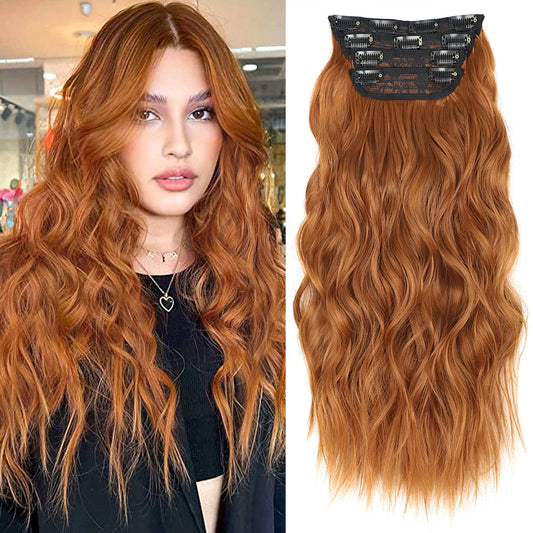 ALXNAN Clip in Hair Extension,Long Wavy Hair Extensions 20 Inch Orange Red 4PCS Thick Hairpieces for Women