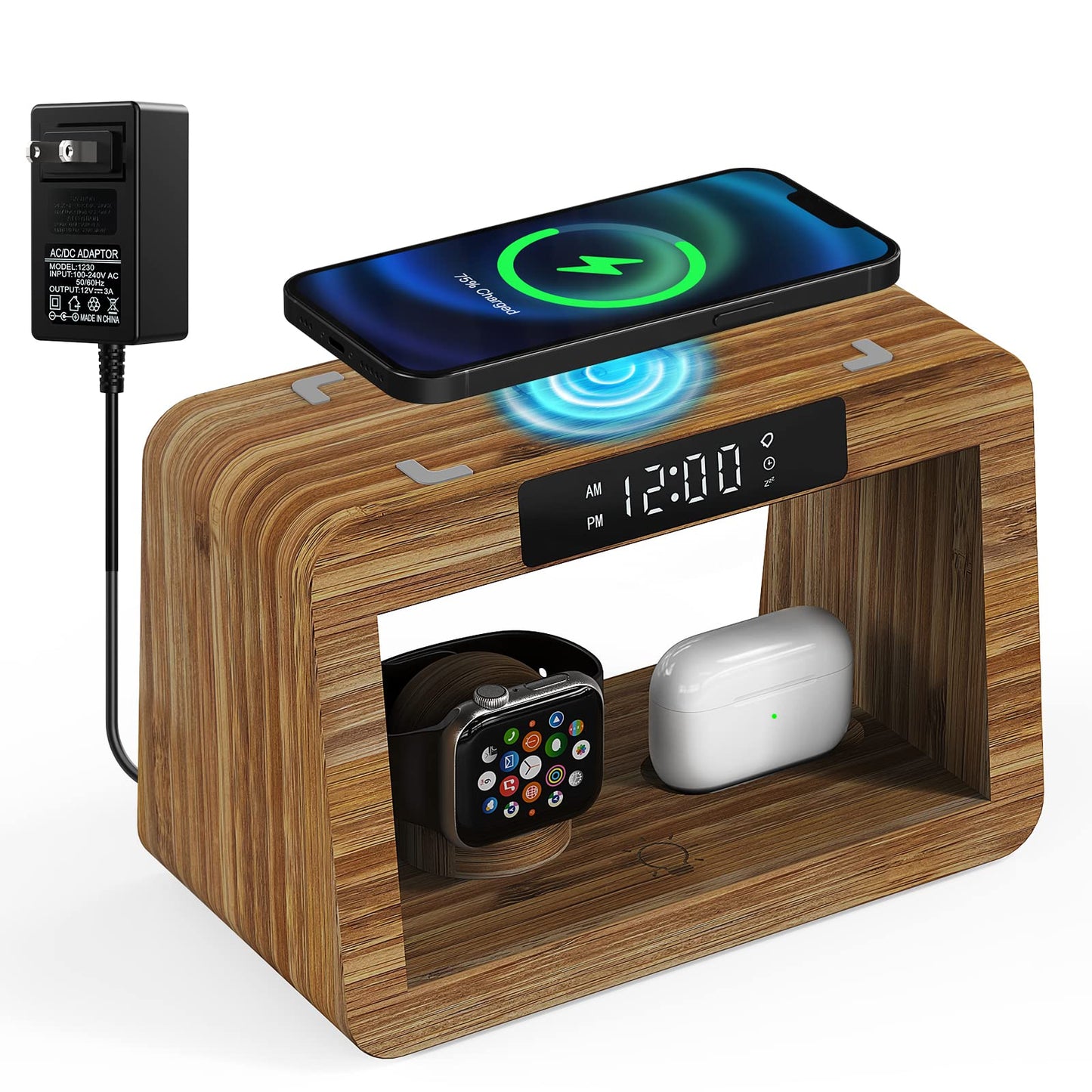Alltripal Wireless Charging Station with Clock, Desk Lamp 15W Fast Wireless Charger Night Light with 3 Color, Bamboo Wireless Charging Station Dock for iPhone/AirPod/iWatch, Gifts for Women Men