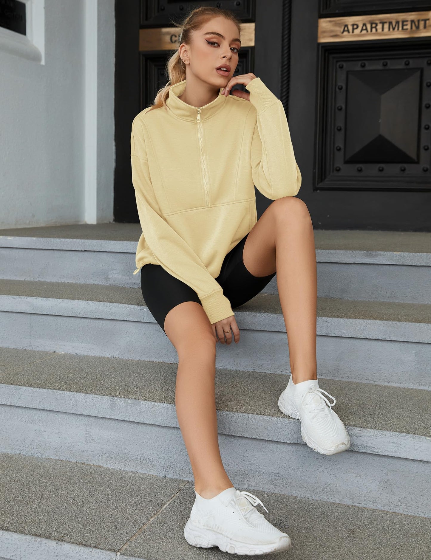LOMON Fall Sweatshirt Fleece Oversized Fashion 1/2 Zip Pullover Athletic Workout Cropped Tops Winter Clothes 2023 Apricot XXL