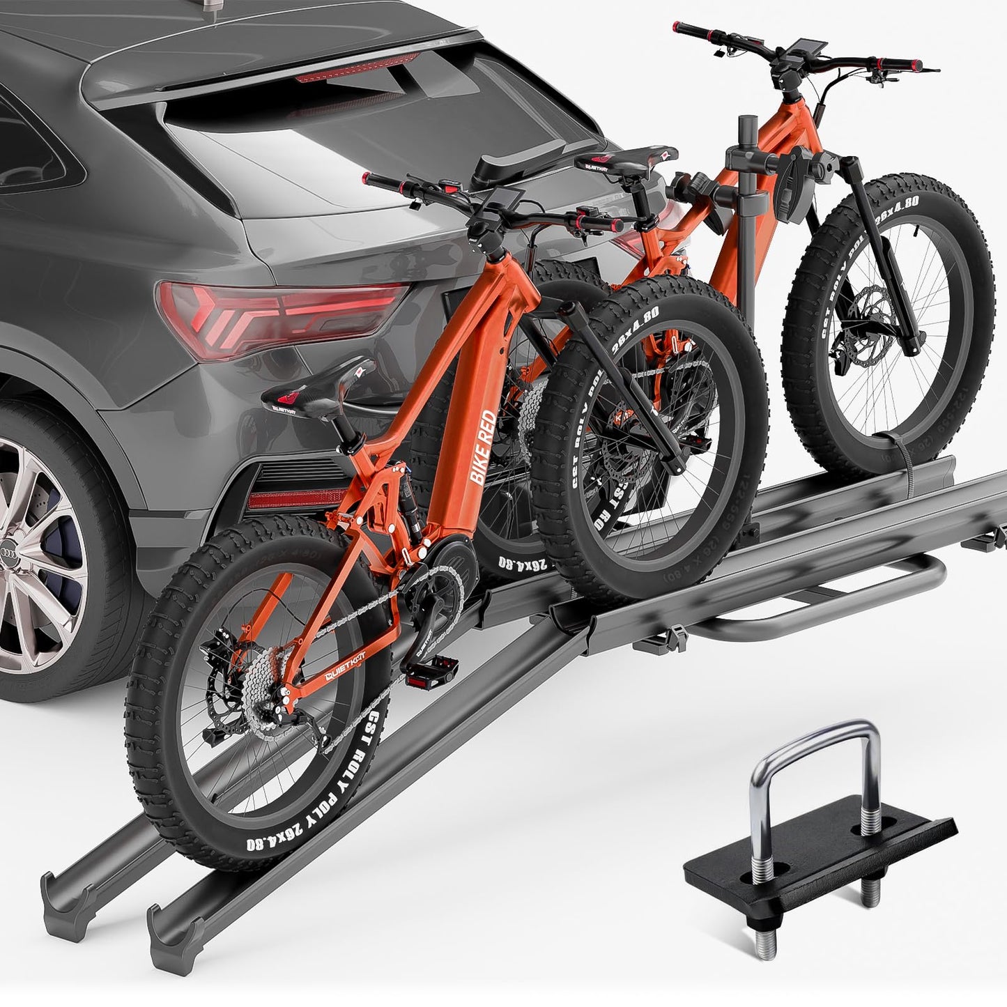 EYOUHZ 2 EBike Rack up to 5" with Ramp, Foldable & Lockable Bike Racks, 200 LBS Capacity Fat Tire Carrier, Electric Bicycles Racks Platform for Standard, Fits 2" Hitch for SUVs Cars Trucks Vans