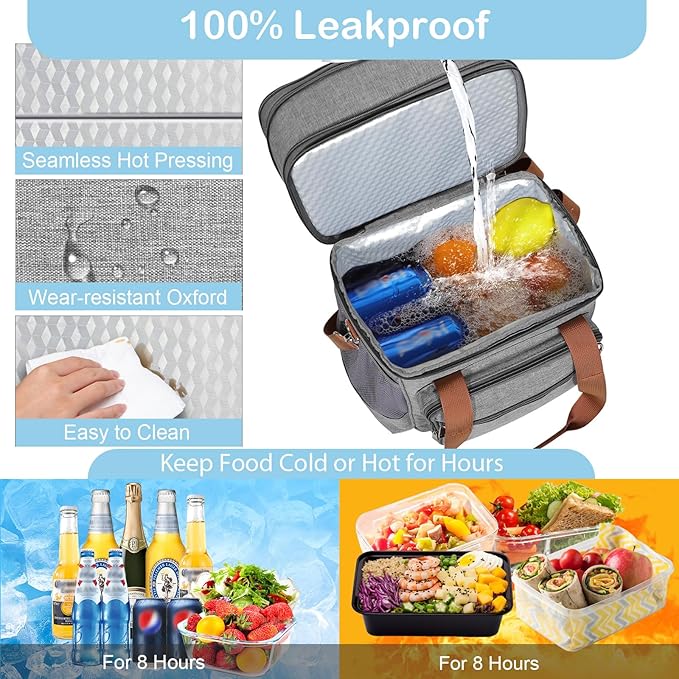 GLENKEY Double Deck Insulated Lunch Box, Expandable Large Lunch Bag Leakproof Cooler Bag Lunch Pail for Men Women Adults Work Shifts Travel Daytrip, Grey