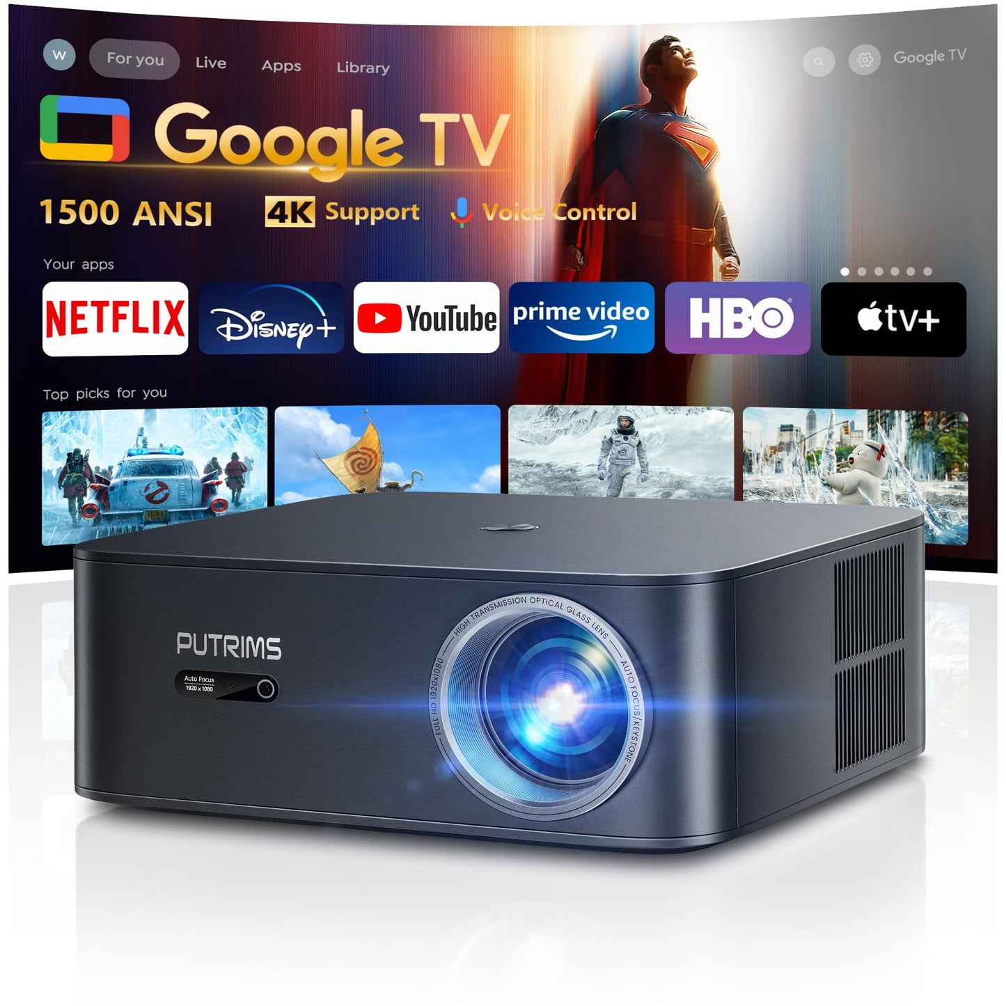 [1500 ANSI/Google TV/Voice Control]Smart Projector with WiFi 6 and Bluetooth, Netflix-Licensed 4K Support, Outdoor Movie Proyector, 1080P Home Ceiling Auto Focus Projector, PUTRIMS K12 Gray